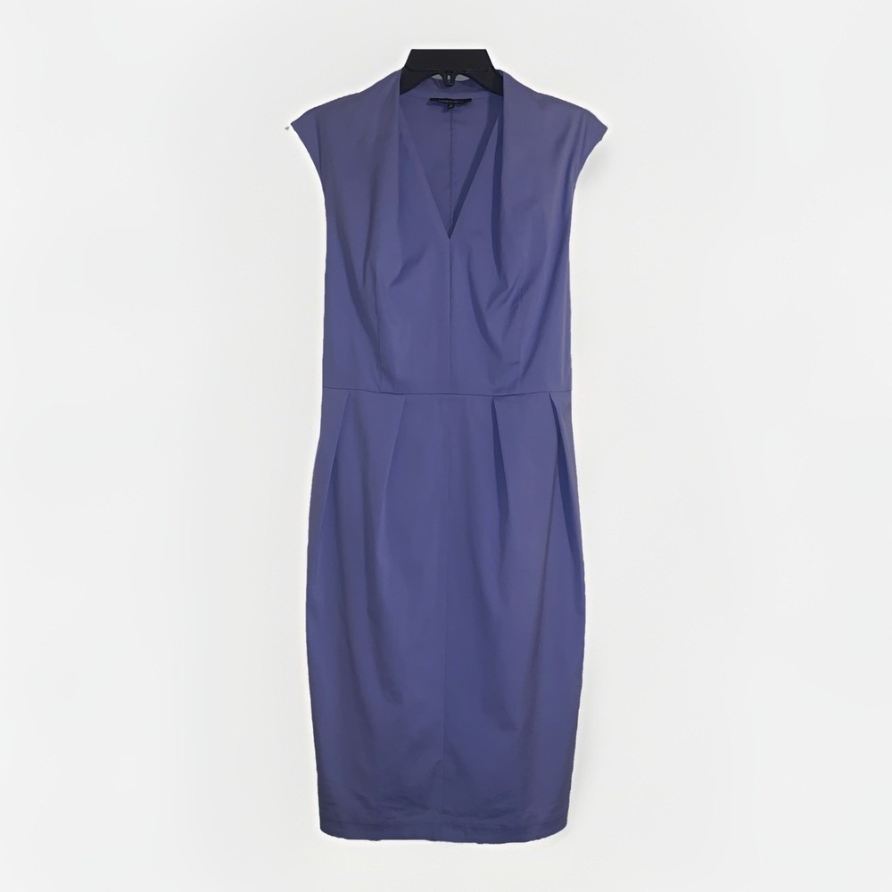 Lafayette 148 New York Sheath Dress 12 Blue Sleeveless V-Neck Knee Length Preppy - Picture 2 of 13